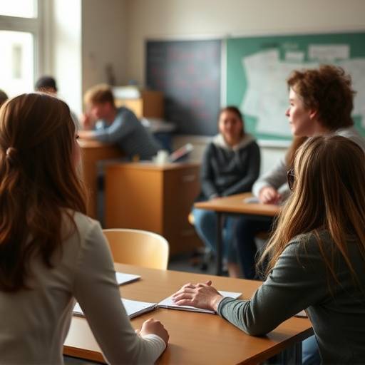 Grupo de alunos participando de um exercício de improvisaäão em sala de aula.